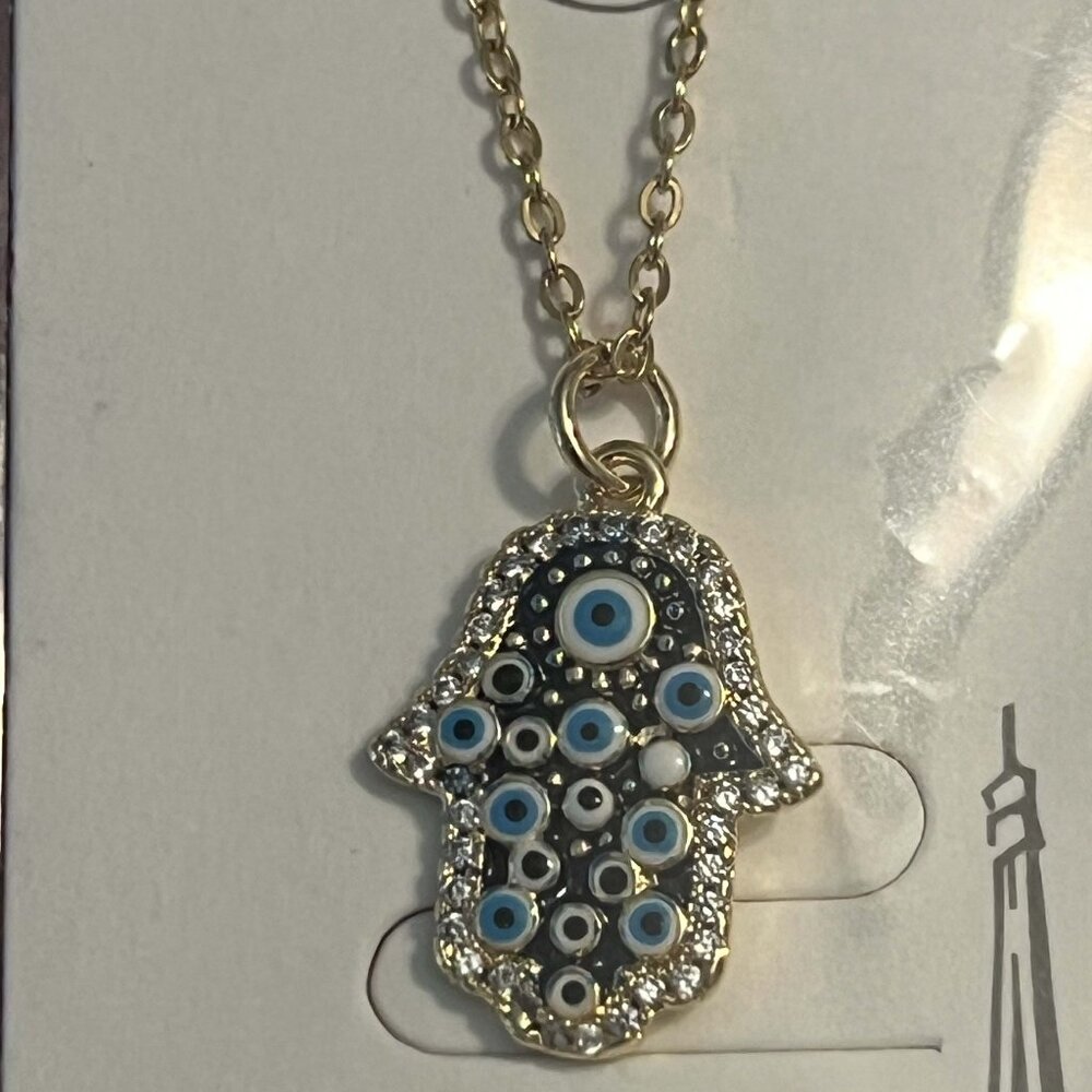 NWT Stainless Steel Gold Necklace, Hamsa Hand of Fatima Evil Eye